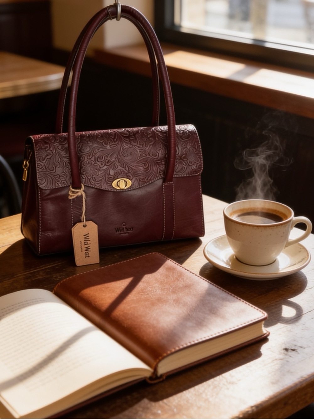 Wild West Dark cherry brown Hand tooled floral leather,turn lock,gold,plaid - Picture 12 of 12